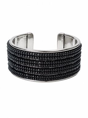 Wide Black Seed Bead Cuff Bracelet Silver Tone Open Cuff Statement Boho